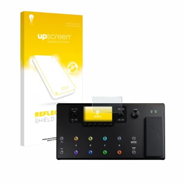 Parte frontale di una confezione del prodotto con il logo del marchio upscreen. Accanto è raffigurato il dispositivo Line 6 He