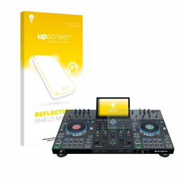 Parte frontale di una confezione del prodotto con il logo del marchio upscreen. Accanto è raffigurato il dispositivo Denon DJ 