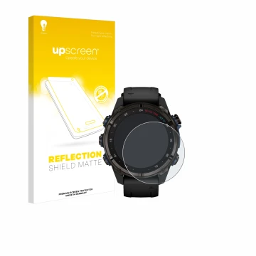 Parte frontale di una confezione del prodotto con il logo del marchio upscreen. Accanto è raffigurato il dispositivo Garmin De