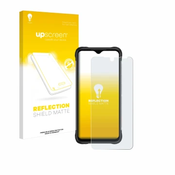 Parte frontale di una confezione del prodotto con il logo del marchio upscreen. Accanto è raffigurato il dispositivo Umidigi B