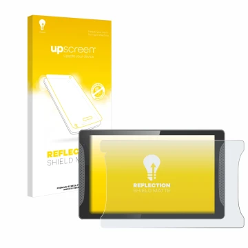 Parte frontale di una confezione del prodotto con il logo del marchio upscreen. Accanto è raffigurato il dispositivo Logicom M