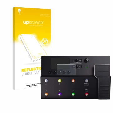Parte frontale di una confezione del prodotto con il logo del marchio upscreen. Accanto è raffigurato il dispositivo Line 6 PO