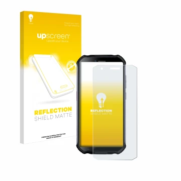 Parte frontale di una confezione del prodotto con il logo del marchio upscreen. Accanto è raffigurato il dispositivo Doogee S4