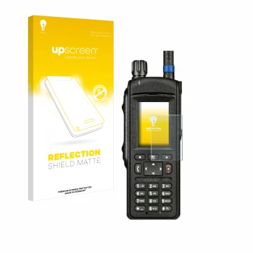 Parte frontale di una confezione del prodotto con il logo del marchio upscreen. Accanto è raffigurato il dispositivo Motorola 
