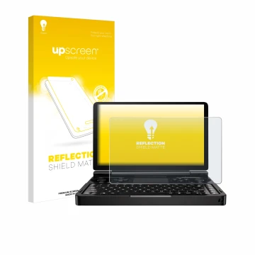 Parte frontale di una confezione del prodotto con il logo del marchio upscreen. Accanto è raffigurato il dispositivo GPD Win M