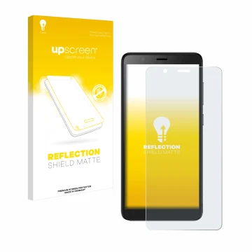 Parte frontale di una confezione del prodotto con il logo del marchio upscreen. Accanto è raffigurato il dispositivo ZTE Blade