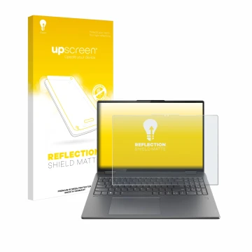 Parte frontale di una confezione del prodotto con il logo del marchio upscreen. Accanto è raffigurato il dispositivo Lenovo Yo