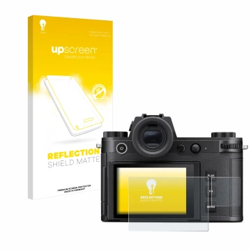 Parte frontale di una confezione del prodotto con il logo del marchio upscreen. Accanto è raffigurato il dispositivo Leica SL3