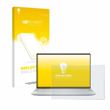 Parte frontale di una confezione del prodotto con il logo del marchio upscreen. Accanto è raffigurato il dispositivo Dell XPS 