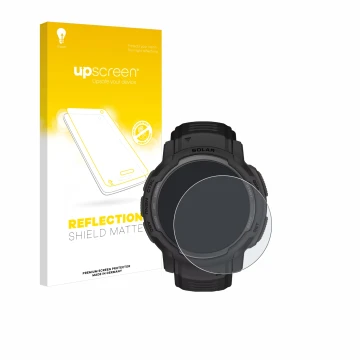 Parte frontale di una confezione del prodotto con il logo del marchio upscreen. Accanto è raffigurato il dispositivo Garmin In