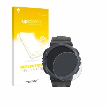 Parte frontale di una confezione del prodotto con il logo del marchio upscreen. Accanto è raffigurato il dispositivo Amazfit A