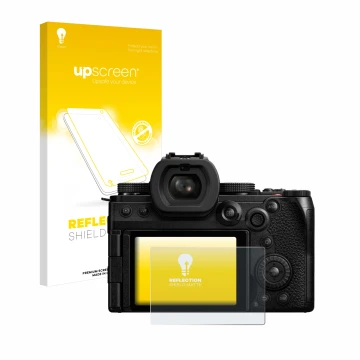 Parte frontale di una confezione del prodotto con il logo del marchio upscreen. Accanto è raffigurato il dispositivo Panasonic