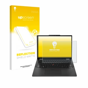 Parte frontale di una confezione del prodotto con il logo del marchio upscreen. Accanto è raffigurato il dispositivo Lenovo Th