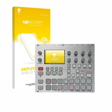 Parte frontale di una confezione del prodotto con il logo del marchio upscreen. Accanto è raffigurato il dispositivo Elektron 