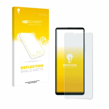 Parte frontale di una confezione del prodotto con il logo del marchio upscreen. Accanto è raffigurato il dispositivo Sony Xper