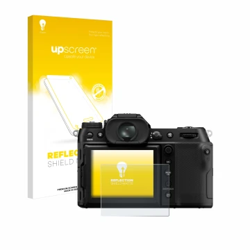 Parte frontale di una confezione del prodotto con il logo del marchio upscreen. Accanto è raffigurato il dispositivo Fujifilm 