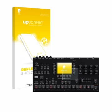 Parte frontale di una confezione del prodotto con il logo del marchio upscreen. Accanto è raffigurato il dispositivo Elektron 