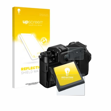 Parte frontale di una confezione del prodotto con il logo del marchio upscreen. Accanto è raffigurato il dispositivo Fujifilm 