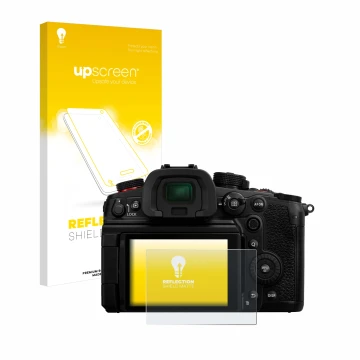 Parte frontale di una confezione del prodotto con il logo del marchio upscreen. Accanto è raffigurato il dispositivo Panasonic