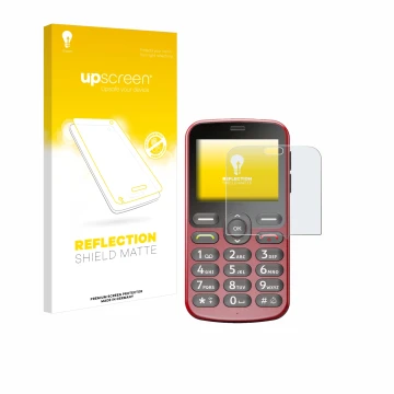 Parte frontale di una confezione del prodotto con il logo del marchio upscreen. Accanto è raffigurato il dispositivo Doro 1880