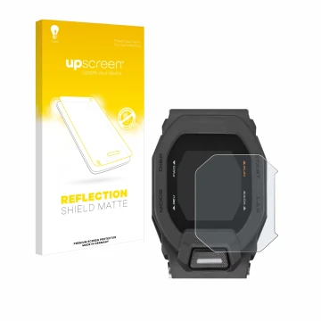 Parte frontale di una confezione del prodotto con il logo del marchio upscreen. Accanto è raffigurato il dispositivo Casio G-S