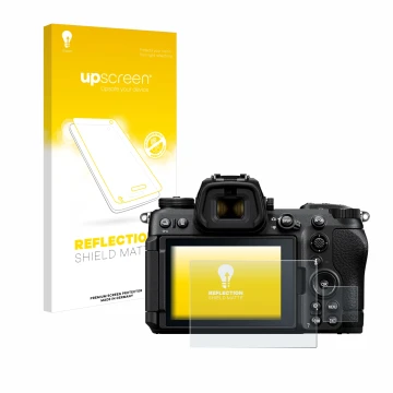 Parte frontale di una confezione del prodotto con il logo del marchio upscreen. Accanto è raffigurato il dispositivo Nikon Z6 