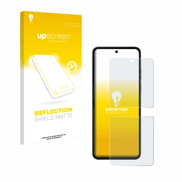 Parte frontale di una confezione del prodotto con il logo del marchio upscreen. Accanto è raffigurato il dispositivo Motorola 