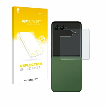 Parte frontale di una confezione del prodotto con il logo del marchio upscreen. Accanto è raffigurato il dispositivo Motorola 