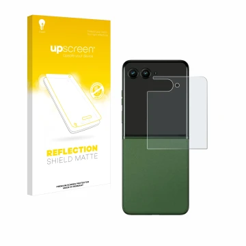 Parte frontale di una confezione del prodotto con il logo del marchio upscreen. Accanto è raffigurato il dispositivo Motorola 