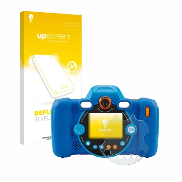 Parte frontale di una confezione del prodotto con il logo del marchio upscreen. Accanto è raffigurato il dispositivo Vtech Kid