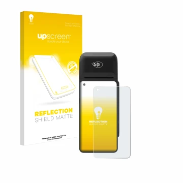 Parte frontale di una confezione del prodotto con il logo del marchio upscreen. Accanto è raffigurato il dispositivo Verifone 