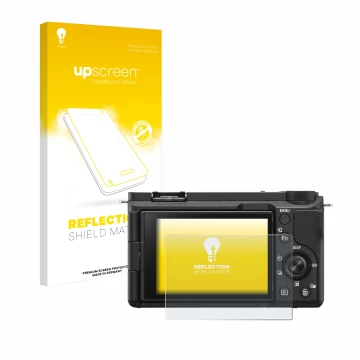 Parte frontale di una confezione del prodotto con il logo del marchio upscreen. Accanto è raffigurato il dispositivo Sony Alph