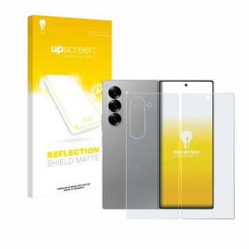 Parte frontale di una confezione del prodotto con il logo del marchio upscreen. Accanto è raffigurato il dispositivo Samsung G