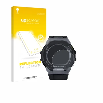 Parte frontale di una confezione del prodotto con il logo del marchio upscreen. Accanto è raffigurato il dispositivo Casio G-S