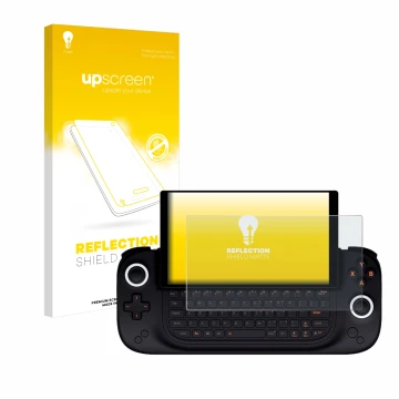 Parte frontale di una confezione del prodotto con il logo del marchio upscreen. Accanto è raffigurato il dispositivo Ayaneo Sl