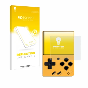 Parte frontale di una confezione del prodotto con il logo del marchio upscreen. Accanto è raffigurato il dispositivo Miyoo Min