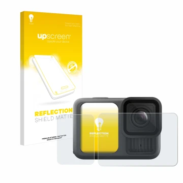 Parte frontale di una confezione del prodotto con il logo del marchio upscreen. Accanto è raffigurato il dispositivo GoPro Her