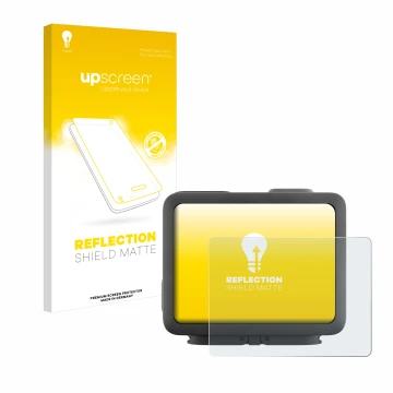 Parte frontale di una confezione del prodotto con il logo del marchio upscreen. Accanto è raffigurato il dispositivo GoPro Her