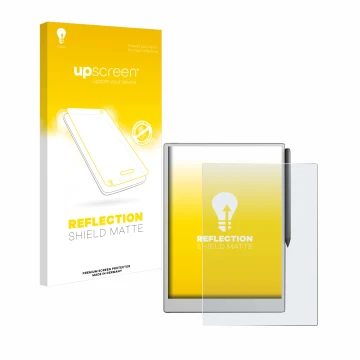 Parte frontale di una confezione del prodotto con il logo del marchio upscreen. Accanto è raffigurato il dispositivo reMarkabl