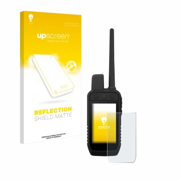 Parte frontale di una confezione del prodotto con il logo del marchio upscreen. Accanto è raffigurato il dispositivo Garmin Al