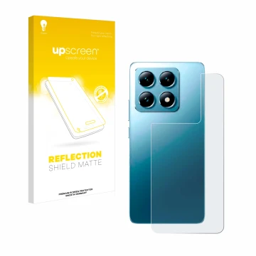 Parte frontale di una confezione del prodotto con il logo del marchio upscreen. Accanto è raffigurato il dispositivo Xiaomi 14