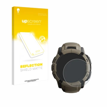 Parte frontale di una confezione del prodotto con il logo del marchio upscreen. Accanto è raffigurato il dispositivo Garmin In