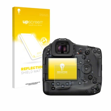 Parte frontale di una confezione del prodotto con il logo del marchio upscreen. Accanto è raffigurato il dispositivo Canon EOS