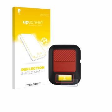 Parte frontale di una confezione del prodotto con il logo del marchio upscreen. Accanto è raffigurato il dispositivo Garmin in