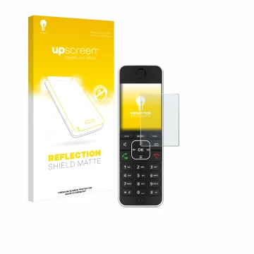 Parte frontale di una confezione del prodotto con il logo del marchio upscreen. Accanto è raffigurato il dispositivo AVM Fritz