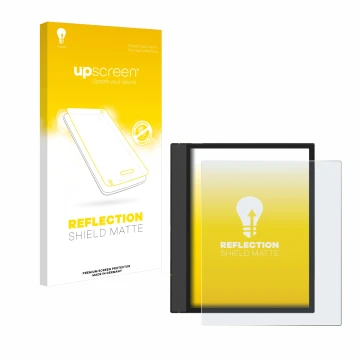 Parte frontale di una confezione del prodotto con il logo del marchio upscreen. Accanto è raffigurato il dispositivo Boox Note