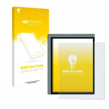 Parte frontale di una confezione del prodotto con il logo del marchio upscreen. Accanto è raffigurato il dispositivo Bigme B10