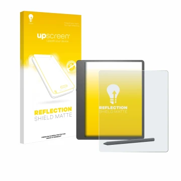 Parte frontale di una confezione del prodotto con il logo del marchio upscreen. Accanto è raffigurato il dispositivo Amazon Ki