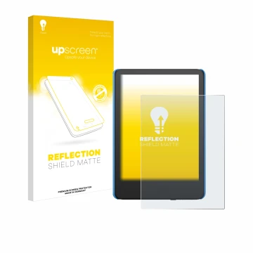 Parte frontale di una confezione del prodotto con il logo del marchio upscreen. Accanto è raffigurato il dispositivo Amazon Ki