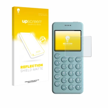 Parte frontale di una confezione del prodotto con il logo del marchio upscreen. Accanto è raffigurato il dispositivo Punkt MP0